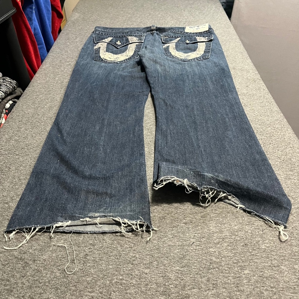 True Religion Mens Bootcut Jeans 36x32 Blue Distressed Horseshoe Logo USA Made